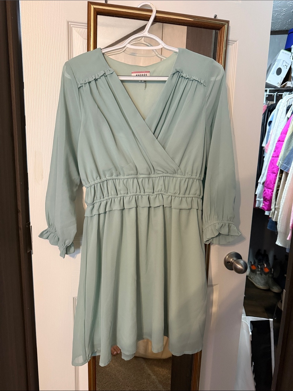 Sage Green Ruffle-Trim Wrap-Style Long Sleeve Dress